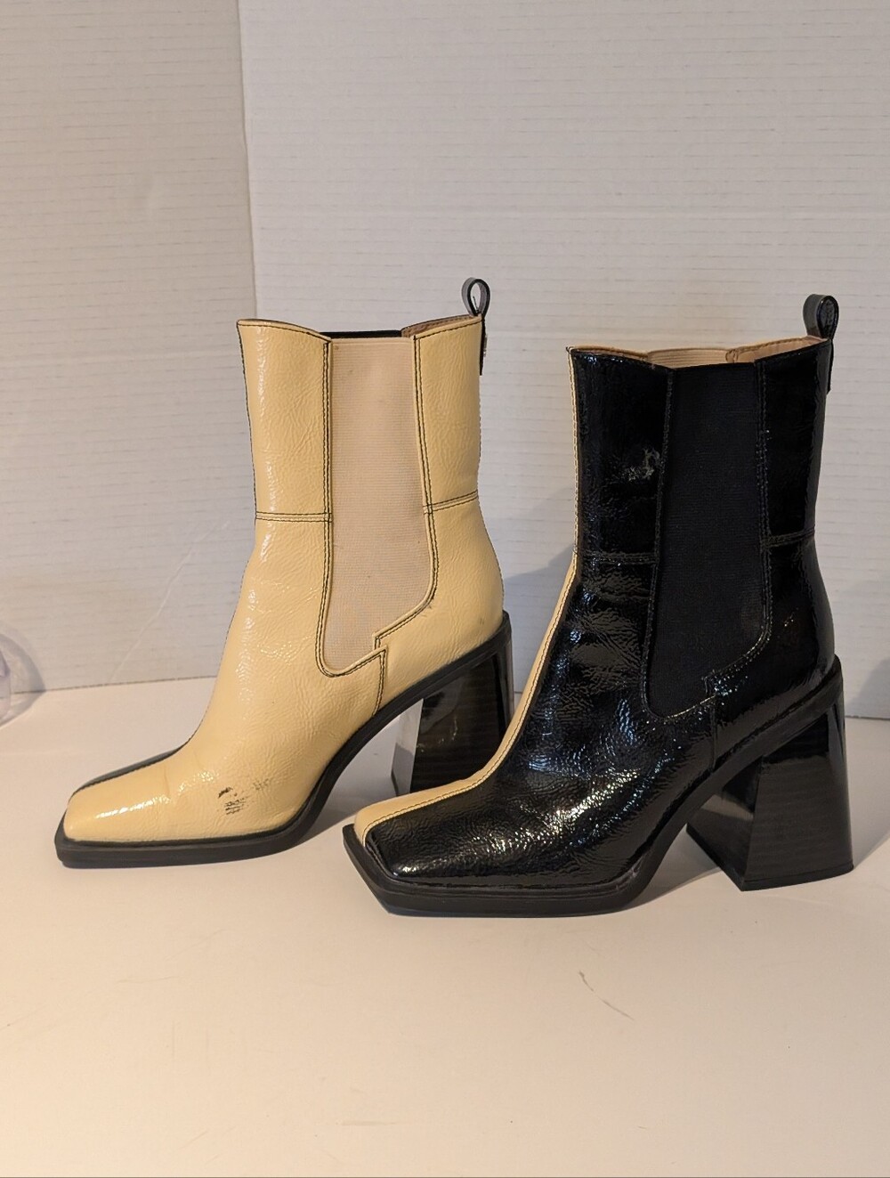 Two-Tone Square-Toe Heeled Chelsea Boots in Cream & Black